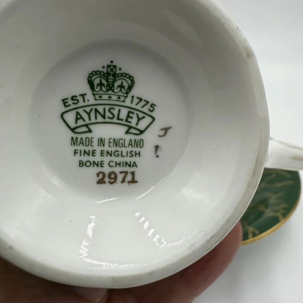 Aynsley Bone China Pembroke Pattern English Dark Green Floral Bird Crackle-like